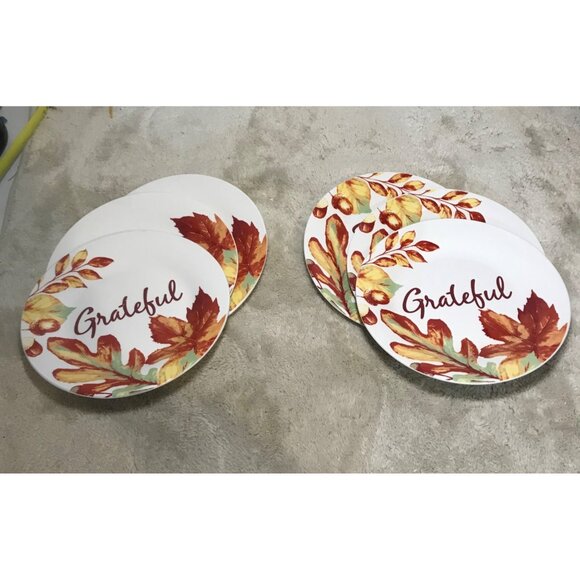Set Of 6 Fall-Themed Grateful" Dinner Plates With Leaf Design 10.5 Inches Diamet - Picture 3 of 8